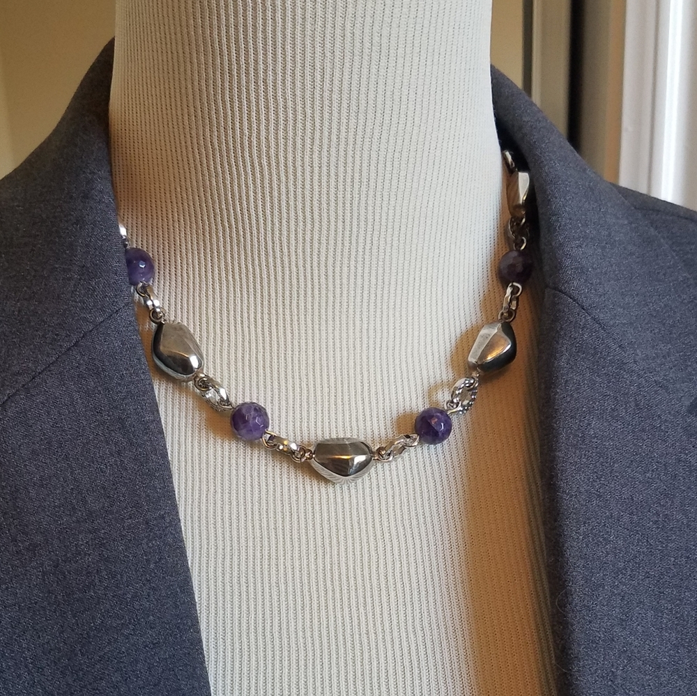 Pewter-tone and purple necklace